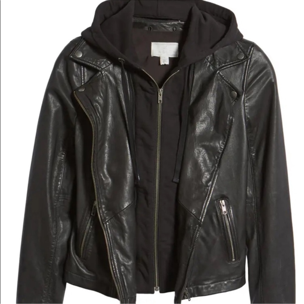 Caslon Black Leather Moto Jacket Women Large Removable Hood - Picture 5 of 16